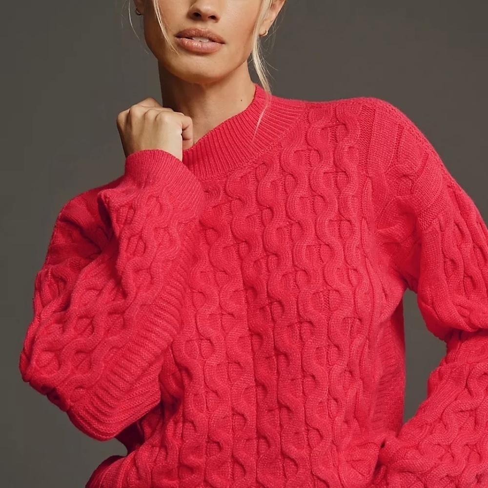 NWT Anthropologie Pink 4SI3NNA Long Sleeve Cropped Cable Sweater Small - Picture 2 of 5